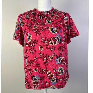 LOFT Floral Cottagecore Blouse‎ Ruffle Neck Flutter Sleeve Top Barbie Pink Small